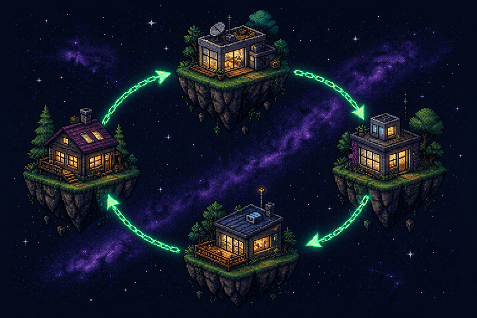Pixel art founder sites on floating islands connected in a glowing one-way backlink loop