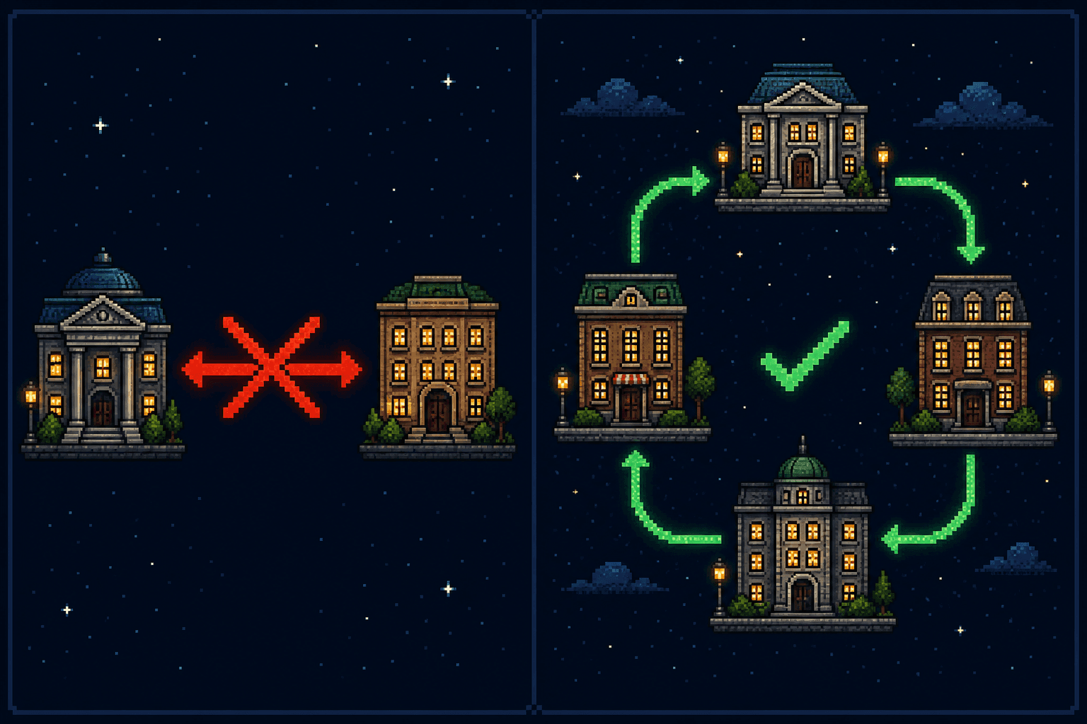 Pixel art comparison: a crossed-out two-way link swap versus a loop of four founder sites linking one way