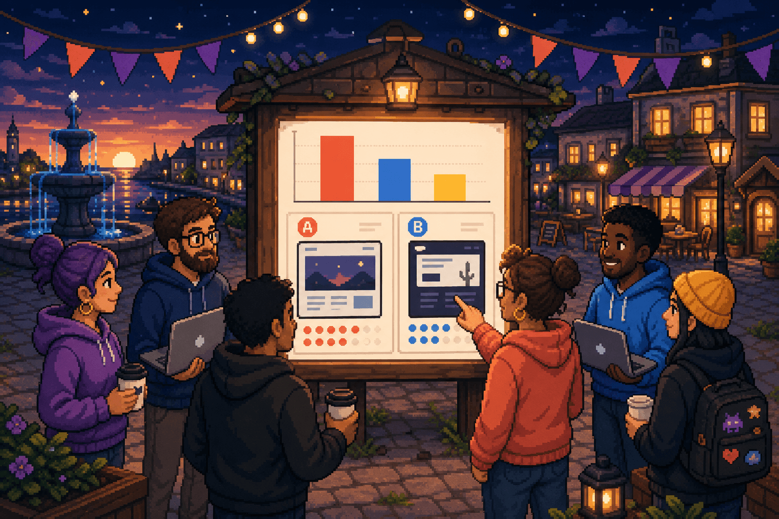 Startup idea validation poll board in a pixel art founders town square, showing bar chart results and A/B landing page options
