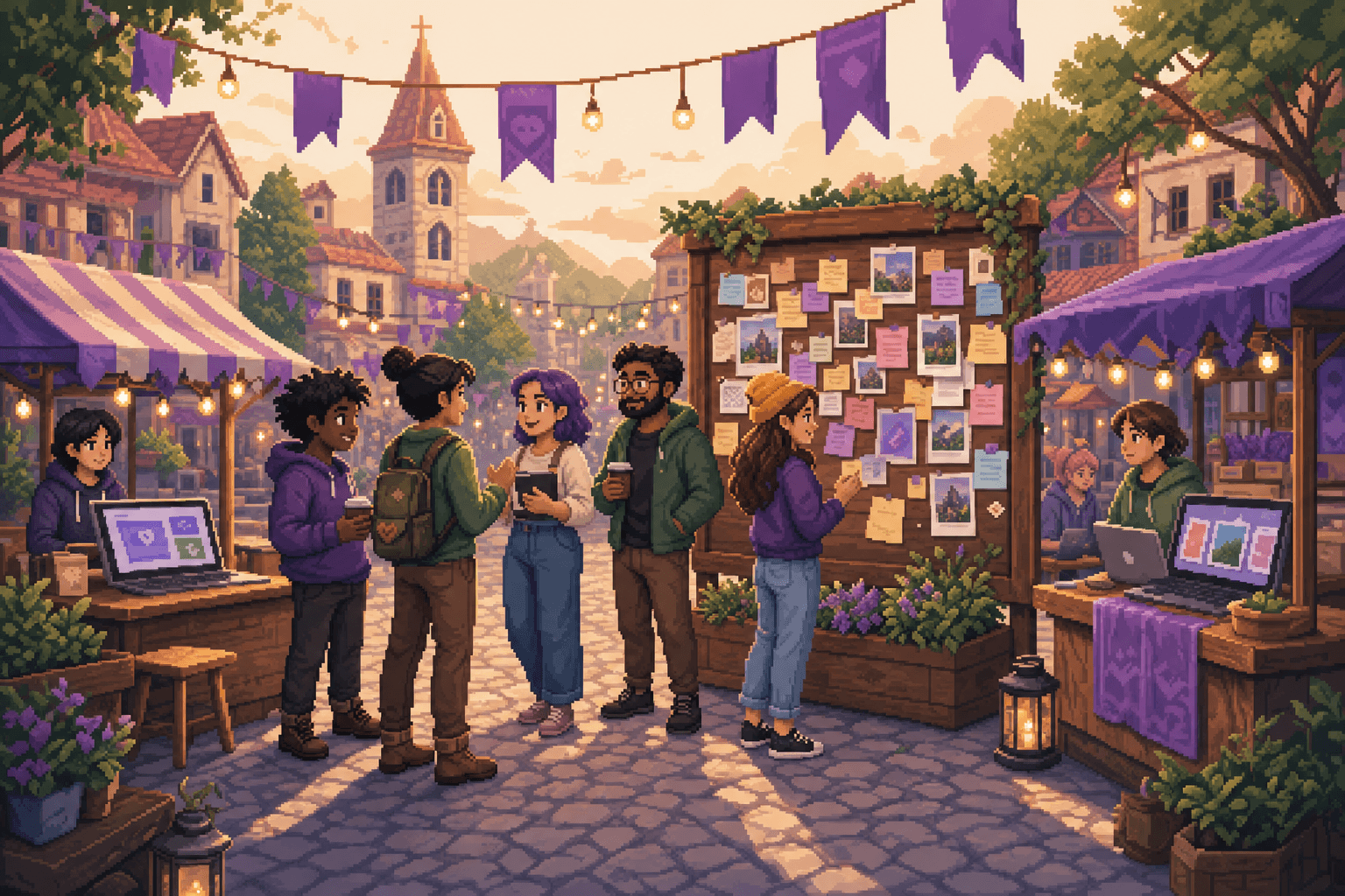 Pixel art founders town square with launch feed listings, pact partners, and builders browsing products