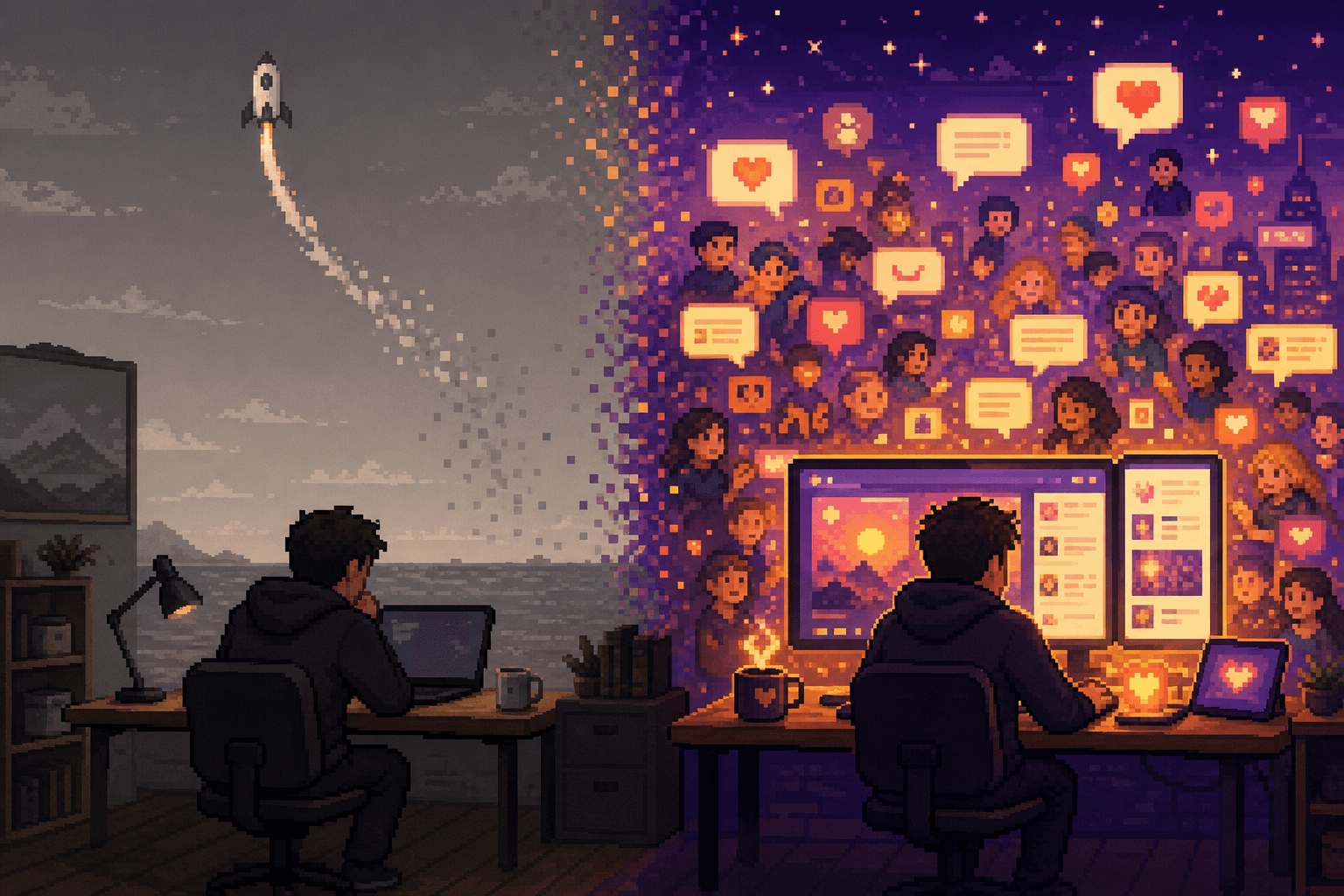 Split scene: lonely post-launch fade versus vibrant Launch Feed with founders browsing launches