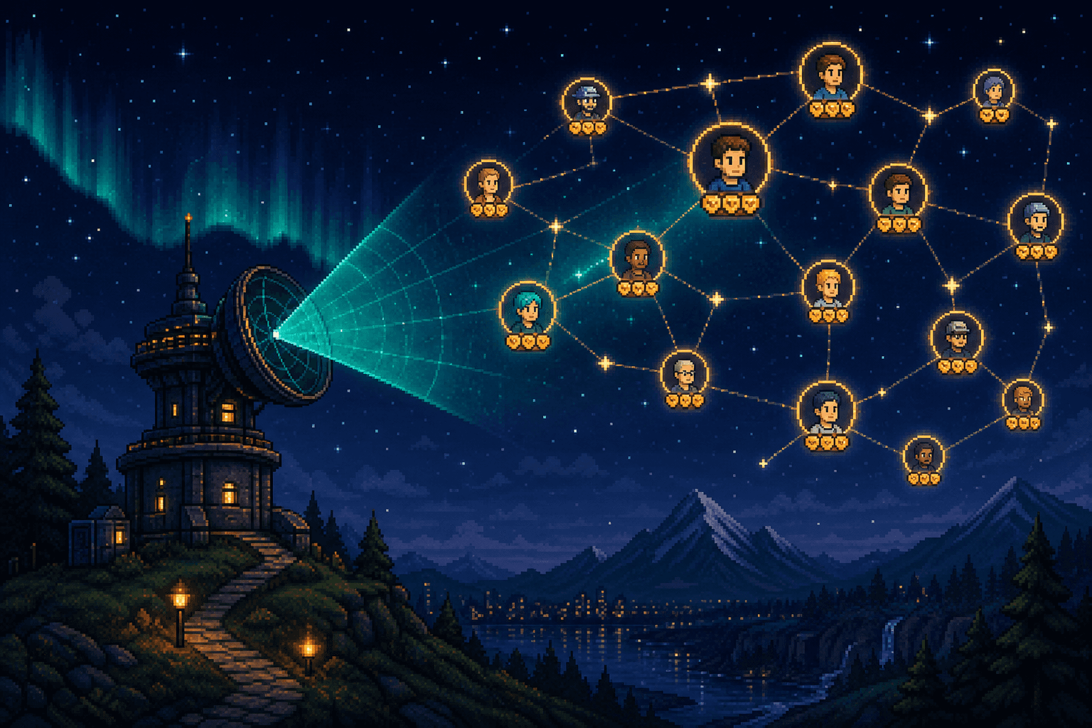 Pixel art signal tower scanning a network of verified founder profiles connected by trust lines