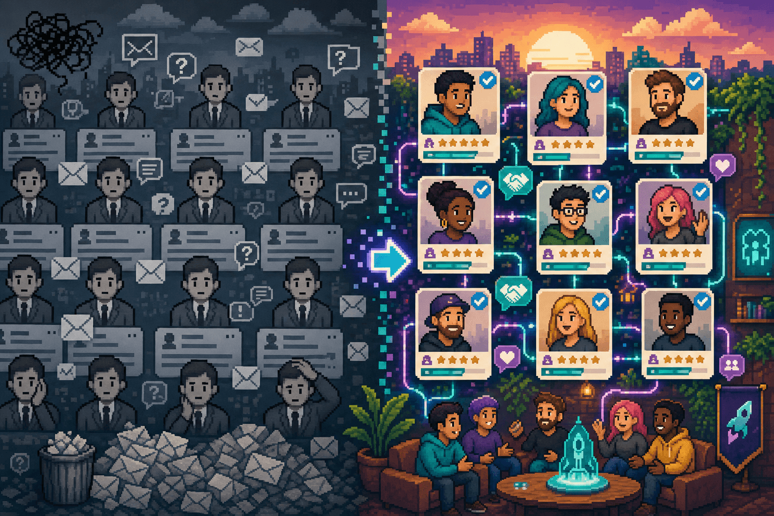 Split illustration: chaotic cold outreach versus verified LaunchPact founder network with trust scores
