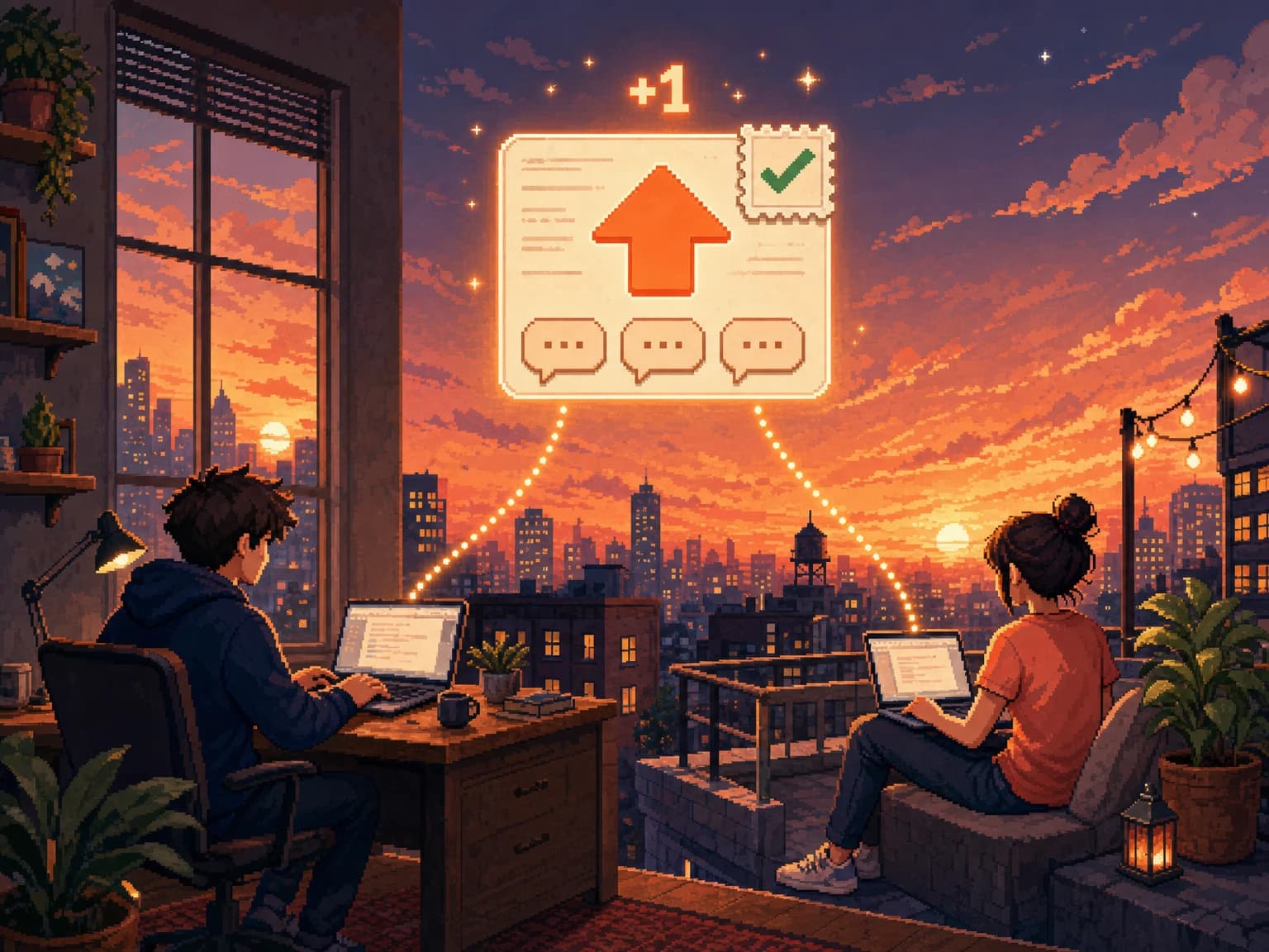 Pixel-art scene of two founders at their laptops, linked to a post card with an upvote, comments, and a verified stamp