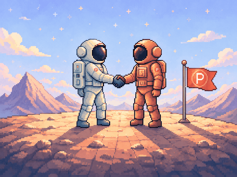 Two founders in astronaut suits shaking hands on a launch planet with a Product Hunt flag