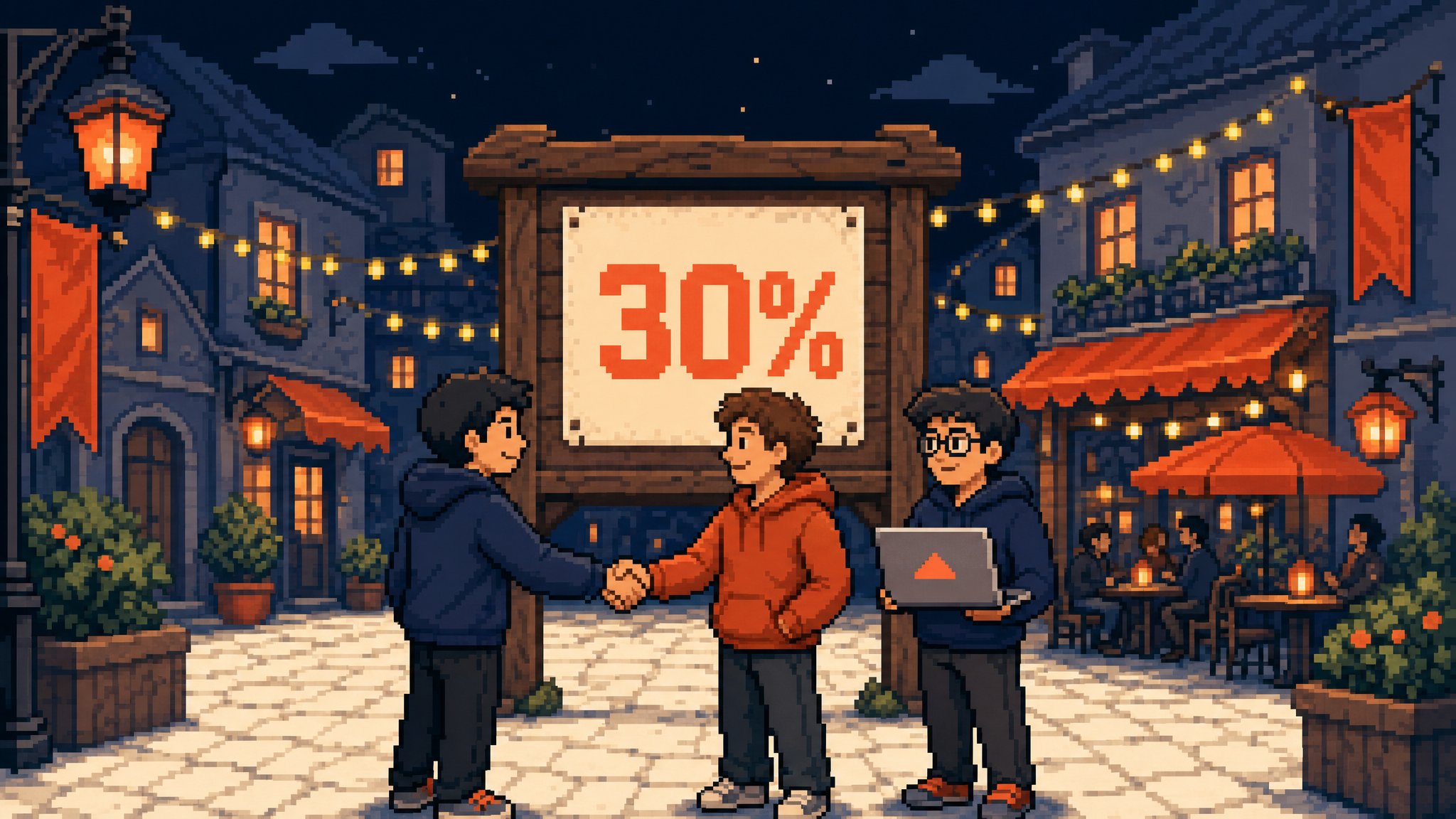 Pixel-art town square with founders sealing a 30% commission pact