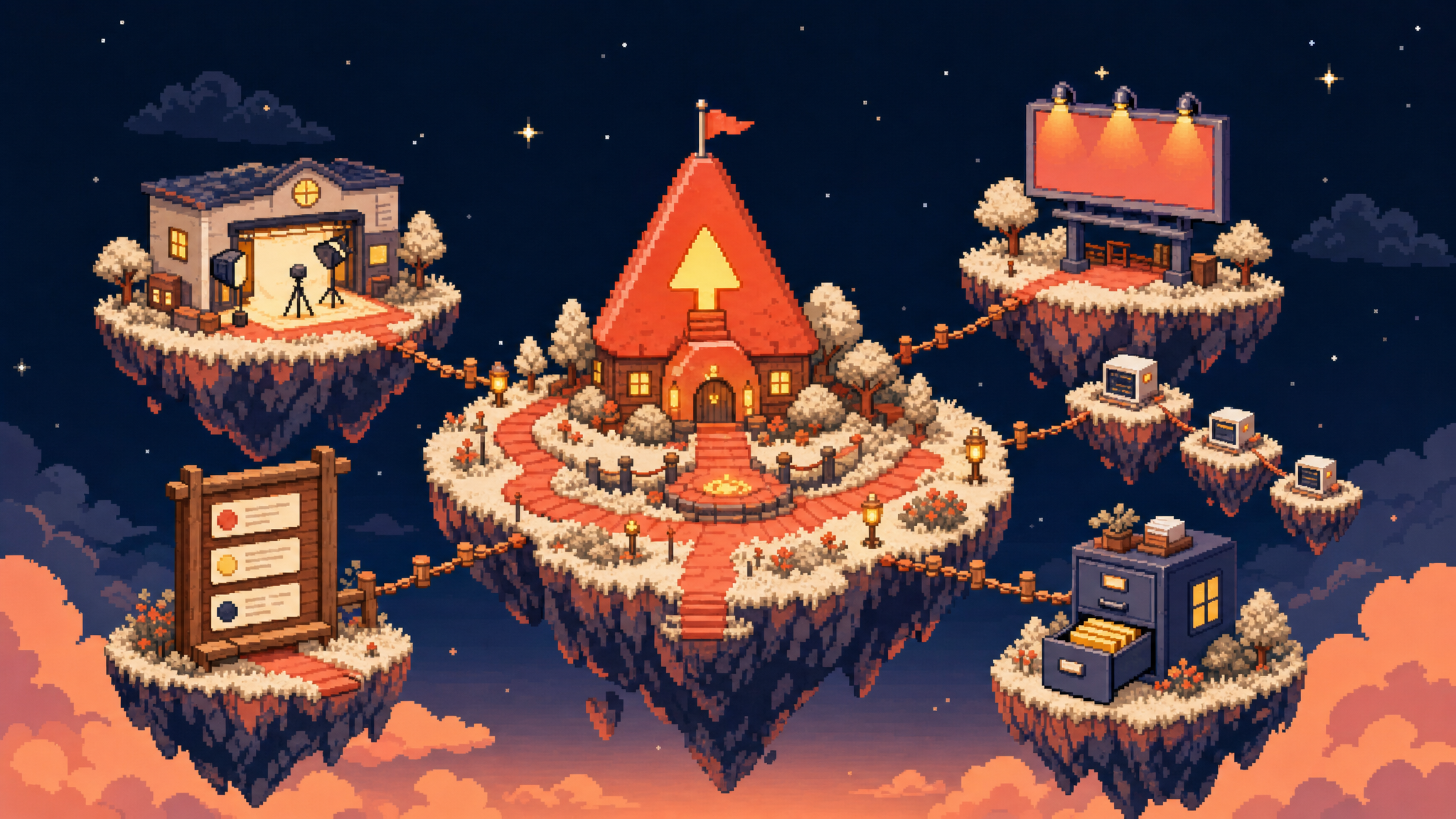 Pixel-art islands with a Product Hunt hub at the center and smaller product islands around it